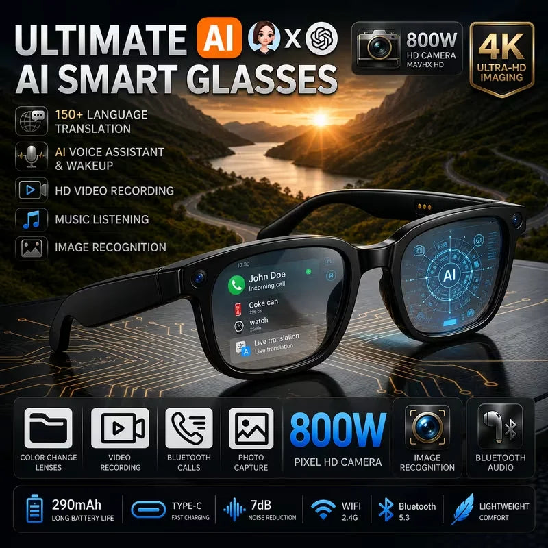 2026 AI Smart Glasses Camera 8MP HD Video Recording Glasses with Audio, Real-Time Translation Wearable Glasses  Men Women
